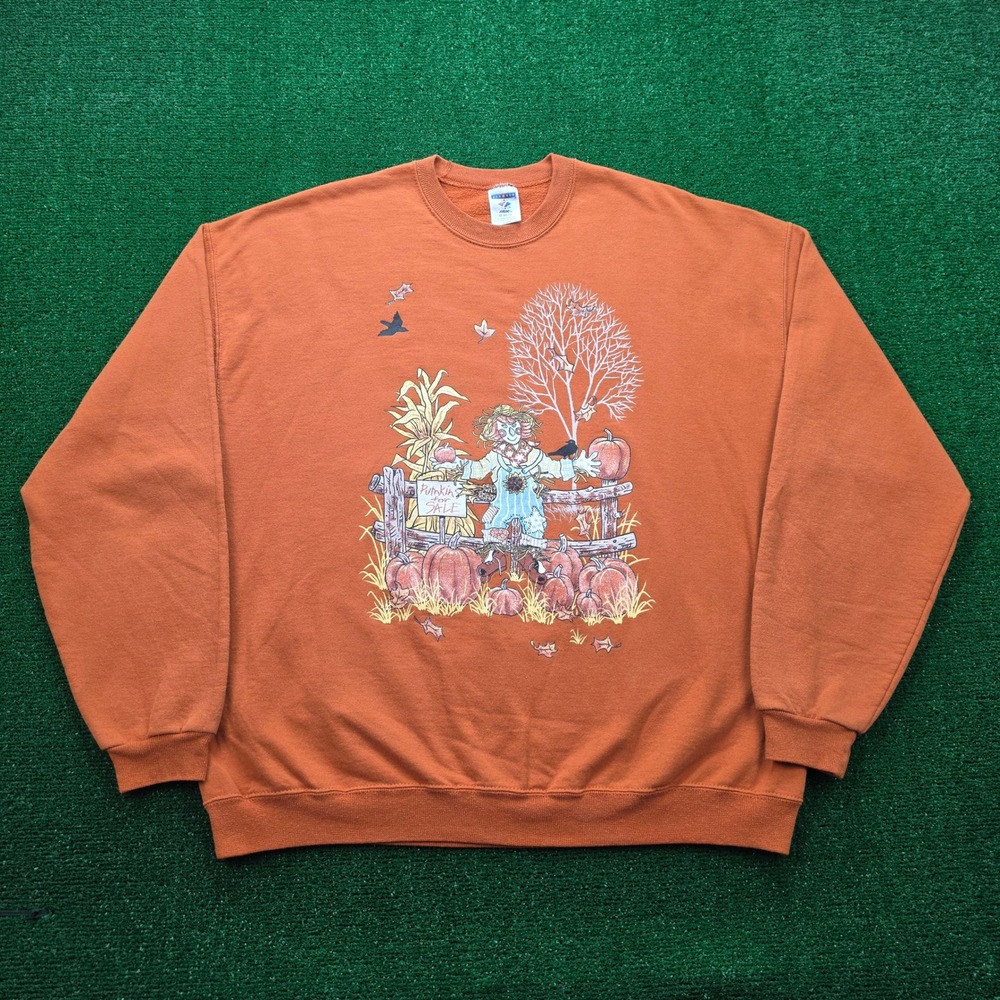 Vintage Jerzees Fall Harvest Scarecrow Pumpkin Patch Sweatshirt Unisex 2X Orange